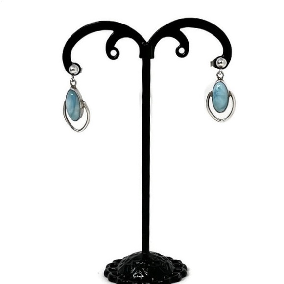 Vintage Small Sterling Silver Larimar Teardrop Dangle Earrings - Picture 4 of 4